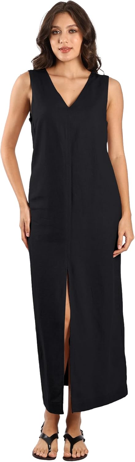 Women's Linen Cotton Dress V Neck Slit Hem with Hidden Pockets Casual Maxi Dress