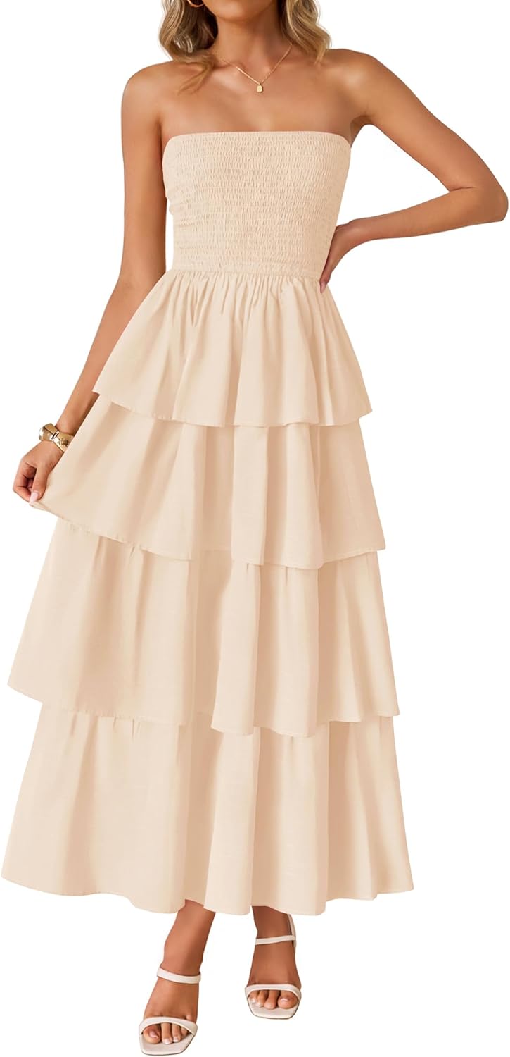 Women‘s Summer Boho Strapless Maxi Dress 2026 Casual Sleeveless Off Shoulder Smocked Tiered Beach Long Sundress