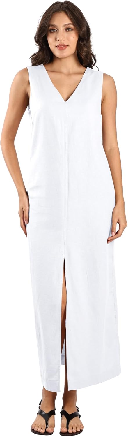 Women's Linen Cotton Dress V Neck Slit Hem with Hidden Pockets Casual Maxi Dress