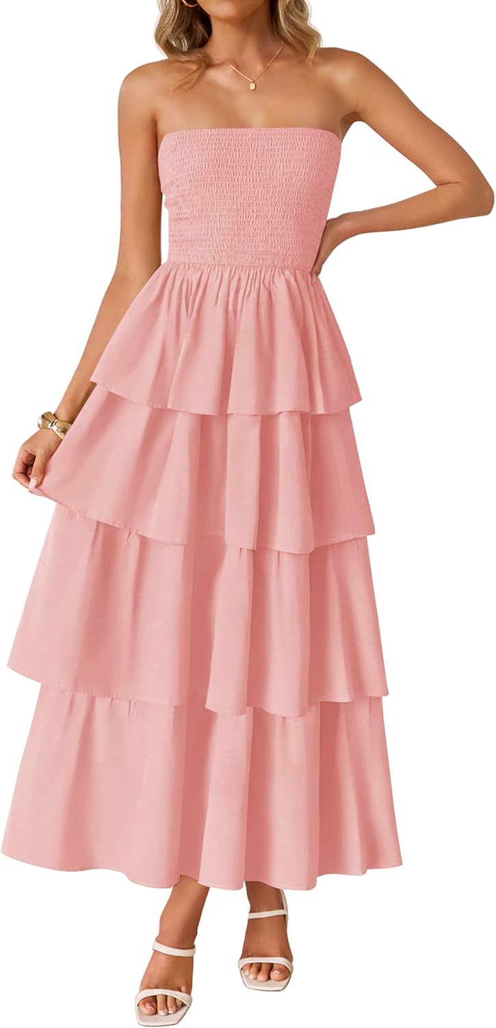 Women‘s Summer Boho Strapless Maxi Dress 2026 Casual Sleeveless Off Shoulder Smocked Tiered Beach Long Sundress