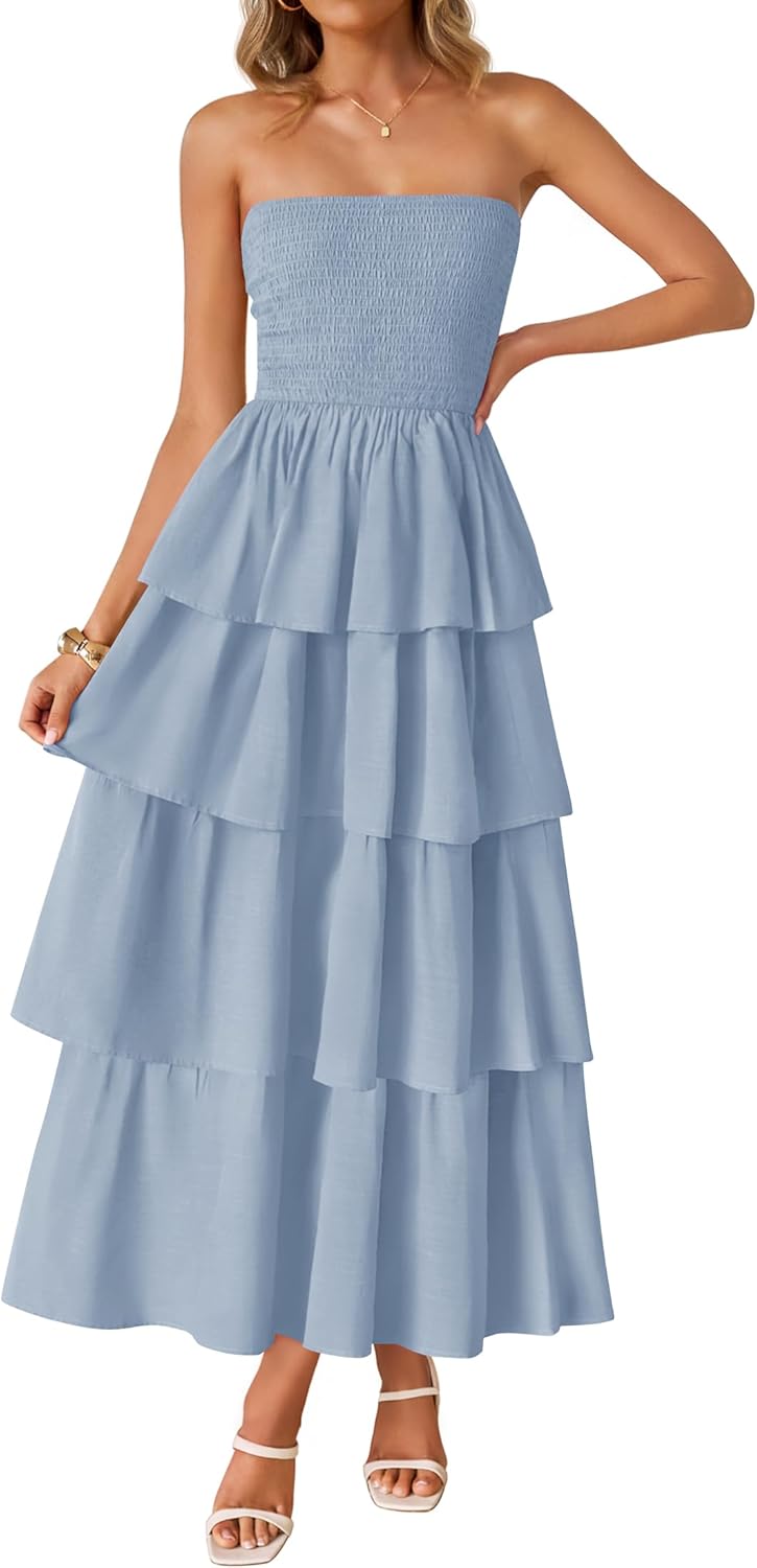 Women‘s Summer Boho Strapless Maxi Dress 2026 Casual Sleeveless Off Shoulder Smocked Tiered Beach Long Sundress