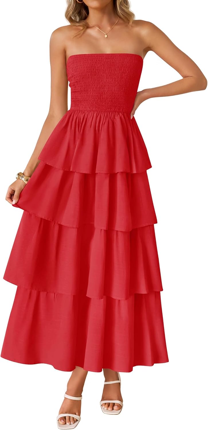 Women‘s Summer Boho Strapless Maxi Dress 2026 Casual Sleeveless Off Shoulder Smocked Tiered Beach Long Sundress