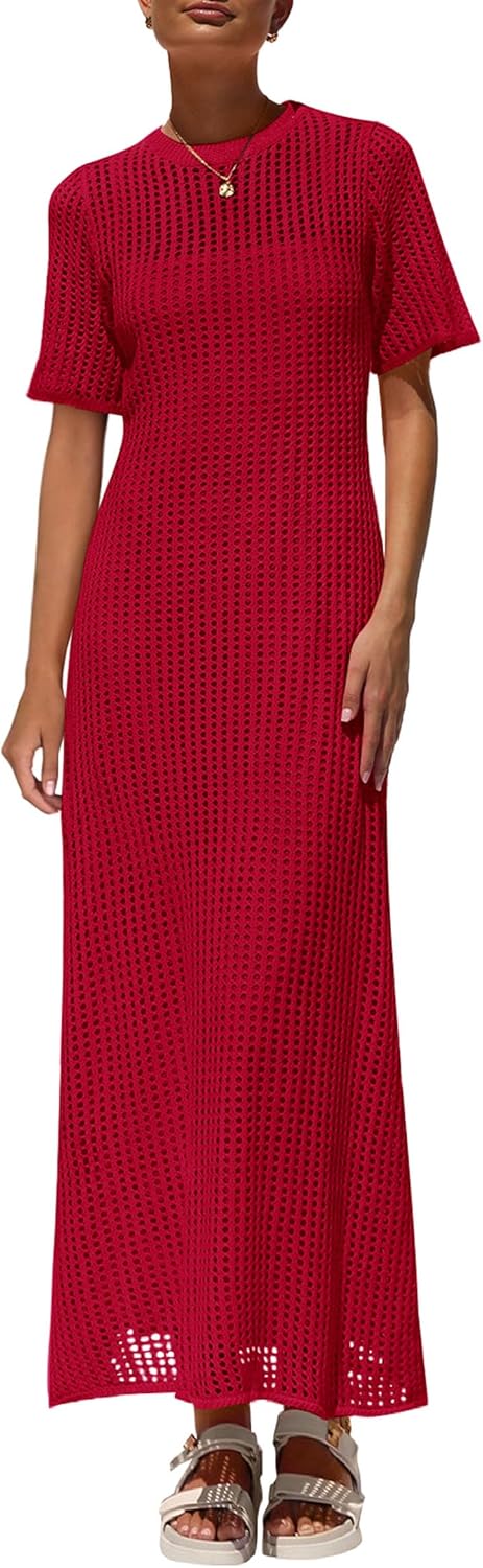 Womens Eyelet Cover Up Dress 2026 Summer Vacation Resort Maxi Dresses Beach Short Sleeve Hollow Out Sundress