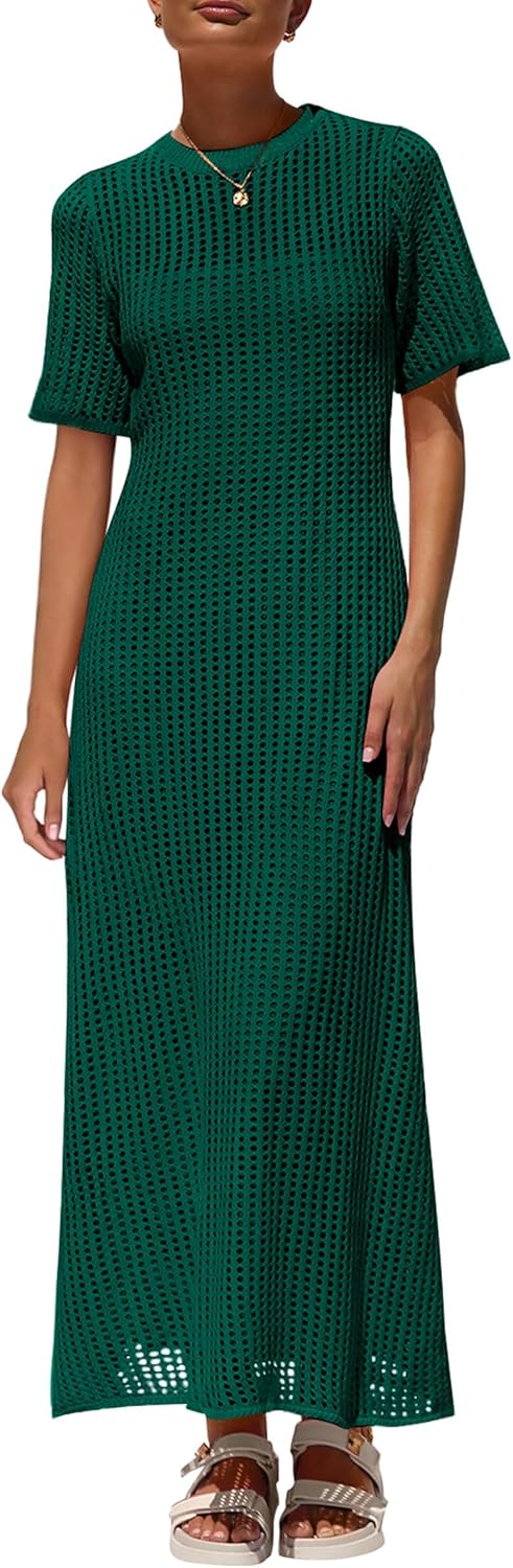 Womens Eyelet Cover Up Dress 2026 Summer Vacation Resort Maxi Dresses Beach Short Sleeve Hollow Out Sundress