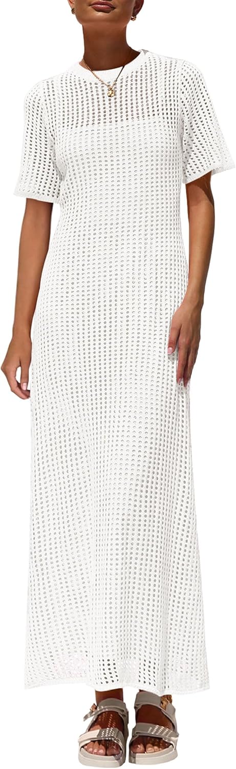 Womens Eyelet Cover Up Dress 2026 Summer Vacation Resort Maxi Dresses Beach Short Sleeve Hollow Out Sundress