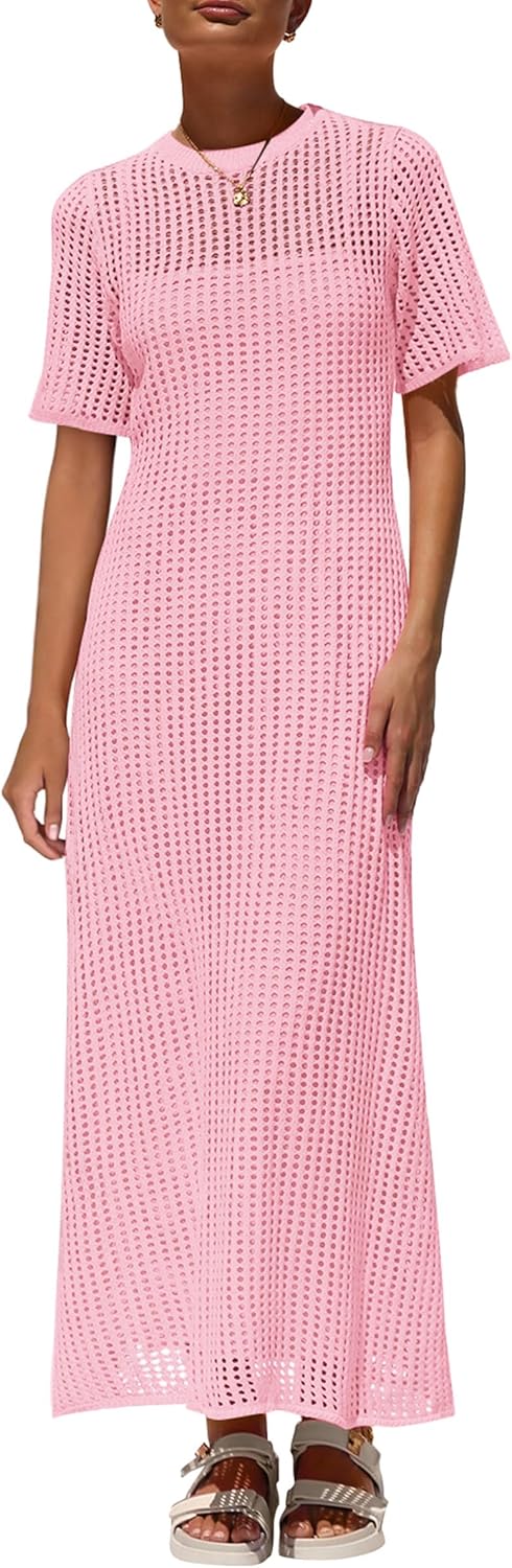 Womens Eyelet Cover Up Dress 2026 Summer Vacation Resort Maxi Dresses Beach Short Sleeve Hollow Out Sundress