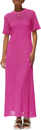 Womens Eyelet Cover Up Dress 2026 Summer Vacation Resort Maxi Dresses Beach Short Sleeve Hollow Out Sundress