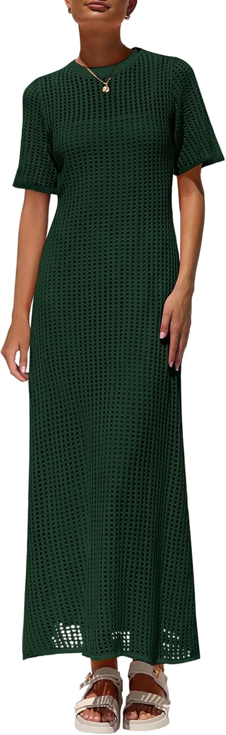 Womens Eyelet Cover Up Dress 2026 Summer Vacation Resort Maxi Dresses Beach Short Sleeve Hollow Out Sundress