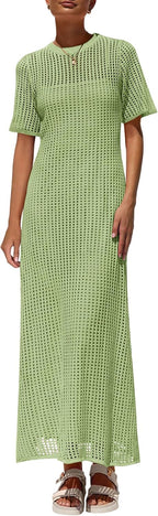 Womens Eyelet Cover Up Dress 2026 Summer Vacation Resort Maxi Dresses Beach Short Sleeve Hollow Out Sundress