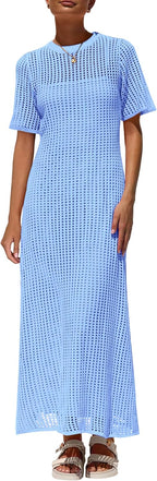 Womens Eyelet Cover Up Dress 2026 Summer Vacation Resort Maxi Dresses Beach Short Sleeve Hollow Out Sundress