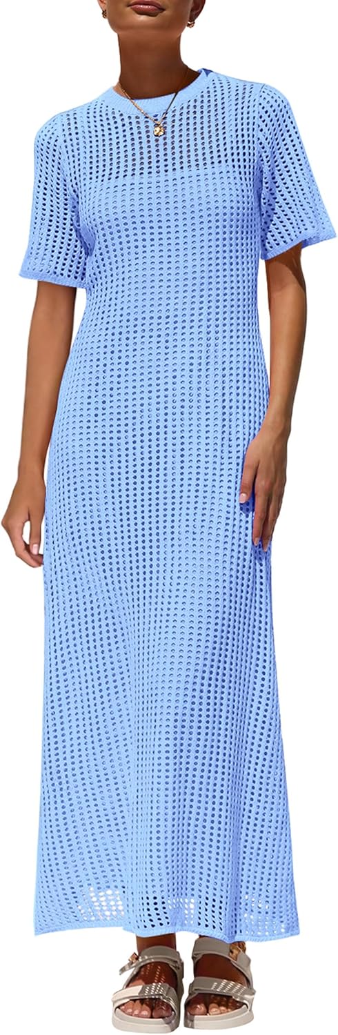 Womens Eyelet Cover Up Dress 2026 Summer Vacation Resort Maxi Dresses Beach Short Sleeve Hollow Out Sundress