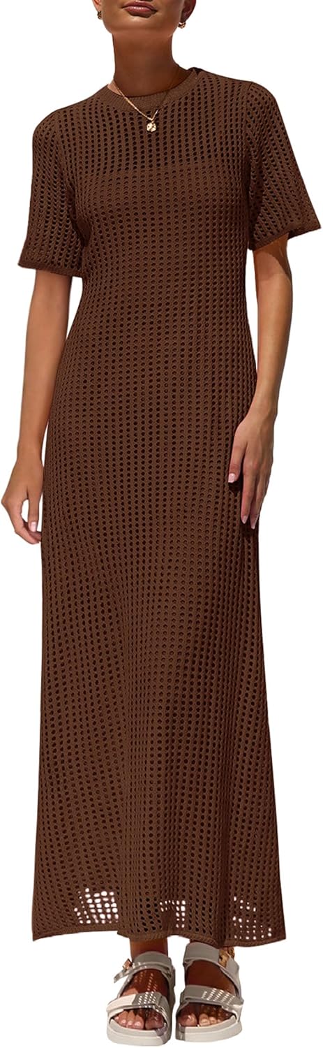 Womens Eyelet Cover Up Dress 2026 Summer Vacation Resort Maxi Dresses Beach Short Sleeve Hollow Out Sundress