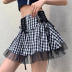 Women  Mini Skirt Sweet High Waist Lace-Up Stitching Tulle Skirt Summer Street Style Lady Mini Ruffles Tutu Skirts A-line