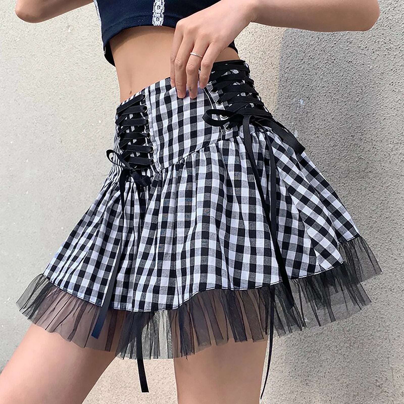 Women  Mini Skirt Sweet High Waist Lace-Up Stitching Tulle Skirt Summer Street Style Lady Mini Ruffles Tutu Skirts A-line